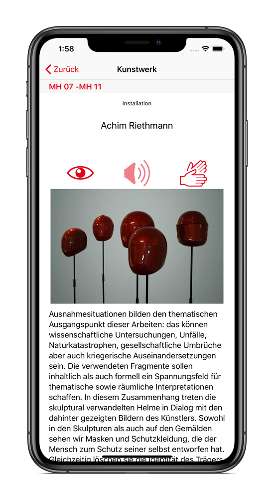 iPhone mit laufender AllSense-App in welcher ein Kunstwerk beschrieben wird